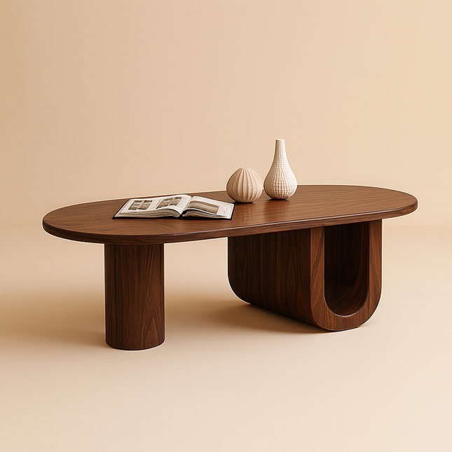 Jordan Shiro Japanese Minimalist Oval Coffee Table – White MDF Top with Solid Ash Wood Legs, Matte Finish – Integrated Storage Shelf – Ideal for Living Room and Bedroom