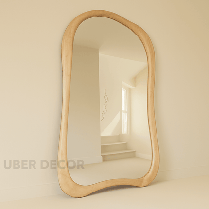 Rowena Wavy Teak Wood Mirror – Sculptural Organic Full-Length Floor Mirror