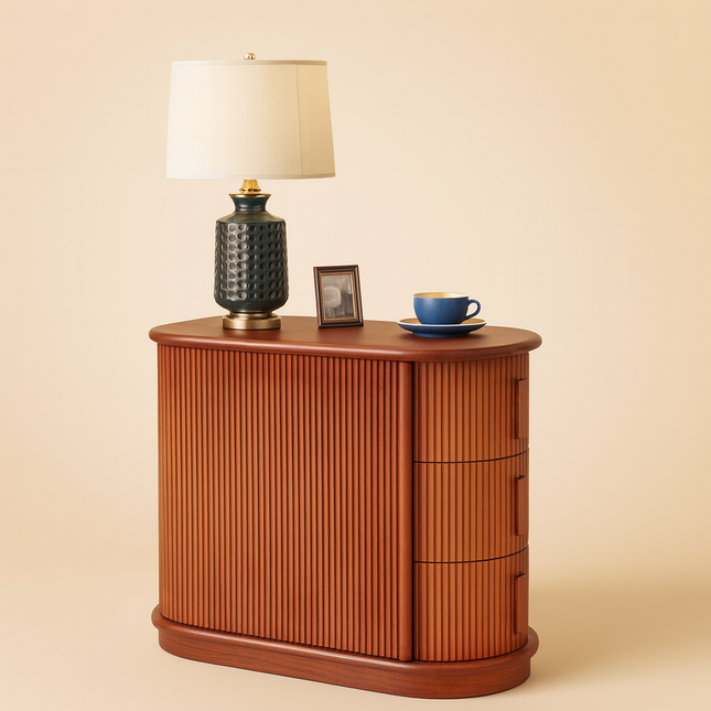 The Corvo Column – Custom Fluted Wooden Side Table with Curved Storage Drawers in Mid Century Modern European Style for Living Room or Bedroom