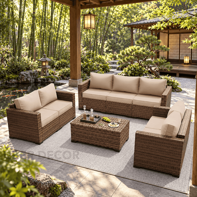 Palm Vista Wicker Rattan-Look Outdoor Sofa Set, Japandi Patio Conversation Set for Garden, Terrace, Porch, Rooftop & Poolside
