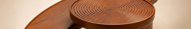 Logone solid wood tiered coffee table with circular carved top mid century Japandi design for drawing room and sitting area