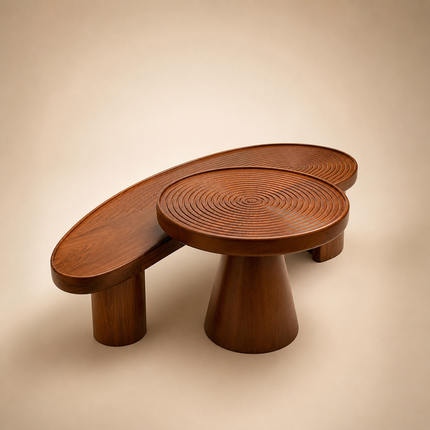 Logone solid wood tiered coffee table with circular carved top mid century Japandi design for drawing room and sitting area