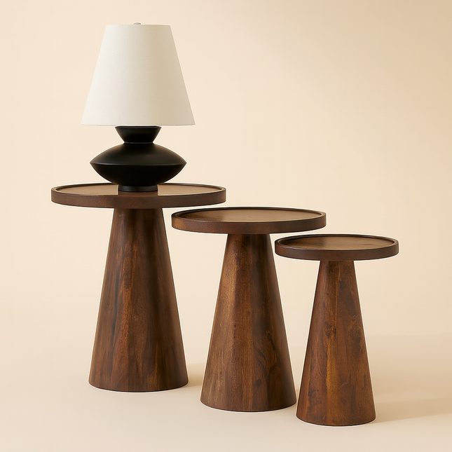Nordhaven Nesting Trio – Custom Wooden Conical Base Side Tables for Living Room, Entryway, or Lounge