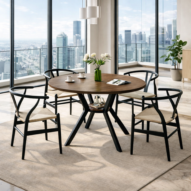 Forest Nook Round Wooden Dining Table Modern Contemporary Design with Metal Base for Dining Room and Kitchen Dining Area