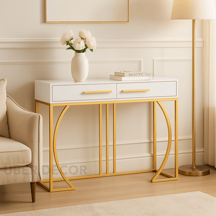 Creston Arc Display Table – White Drawer Top with Gold Sculptural Arch Base Mid‑Century Modern Accent
