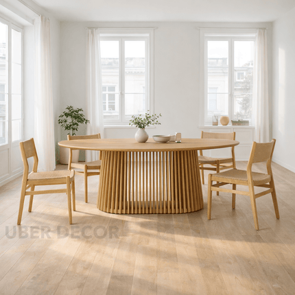 Kael Dining Table Japandi Scandinavian Design with Slatted Wooden Pedestal Base and Oval Top for Dining Room