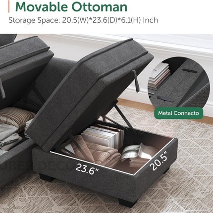 Capri Sleeper Sectional Sofa- 4 Seater Convertible Sofa Bed with Storage Seat for Living Room and Home Office, Dark Grey - Uber Decor