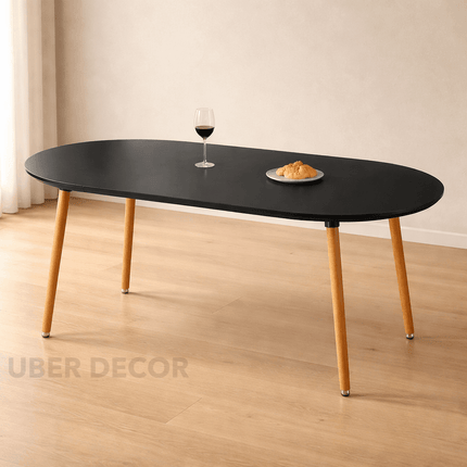 Nordelle Oval Dining Table Scandinavian Mid Century Modern Japandi Design Black Tabletop with Wooden Tapered Legs Dining Table for Dining Room