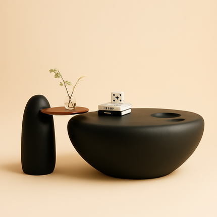 Jhelum Coffee Table Set, Modern Sculptural Stone Minimalist Center and Side Tables for Living Room