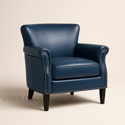 Averra Accent Chair- Traditional Faux Leather Barrel Style Embellished Armchair with Wooden Legs