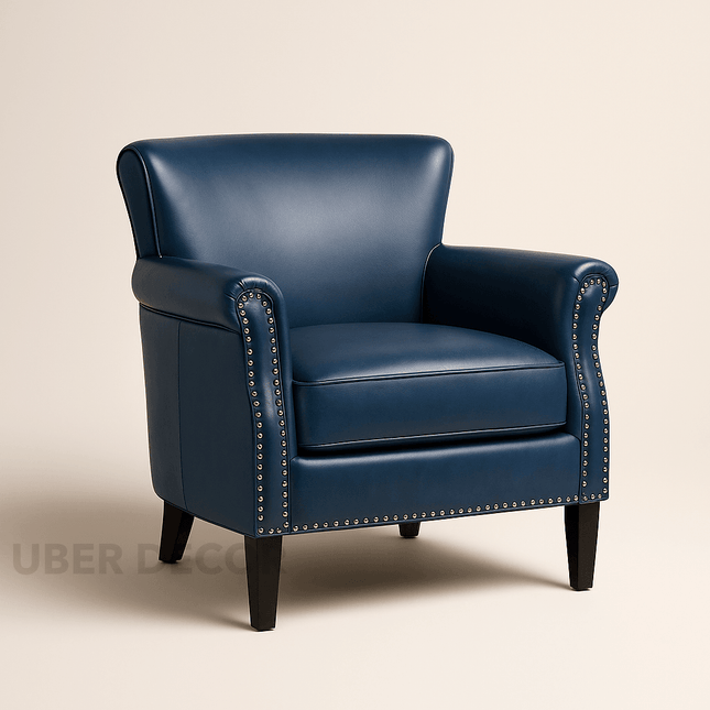 Averra Accent Chair- Traditional Faux Leather Barrel Style Embellished Armchair with Wooden Legs