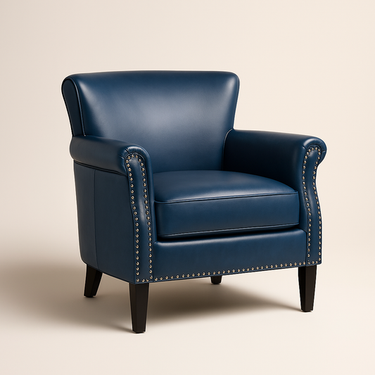 Averra Accent Chair- Traditional Faux Leather Barrel Style Embellished Armchair with Wooden Legs