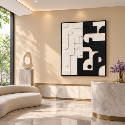 Monochrome Puzzle Japandi Wall Art – Geometric Relief Sculpture for Living Room, Foyer & Modern Interiors