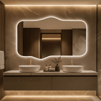 Calix Frameless Wavy LED Mirror with Front or Back Lit for Dressing Area and Modern Interiors