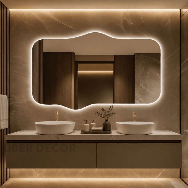 Calix Frameless Wavy LED Mirror with Front or Back Lit for Dressing Area and Modern Interiors