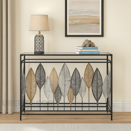 Leafscape Console Table – Glass Top with Metal Leaf‑Motif Front & Slim Frame Entry Accent