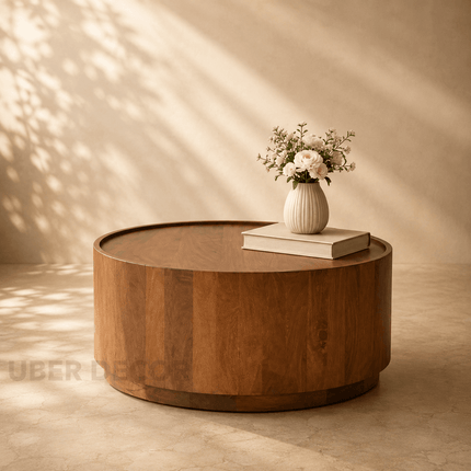 Argun Round Coffee Table Modern Minimal Contemporary Coastal Inspired Designer Center Table Custom Finish Drum Table for Relaxed Seating Area