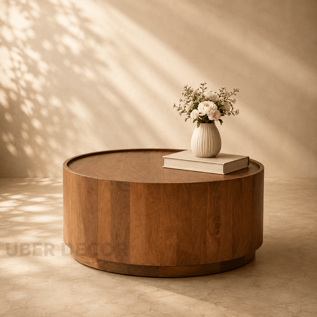 Argun Round Coffee Table Modern Minimal Contemporary Coastal Inspired Designer Center Table Custom Finish Drum Table for Relaxed Seating Area