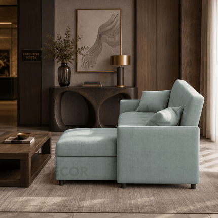 Nestora L-shaped sectional sofa – lifestyle view in spacious living room India