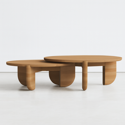 Ob Sculptural Mid Century Japandi Coffee Table – Organic Round Solid Wood Top with Cylindrical Legs – Timeless Designer Centerpiece for Living Room