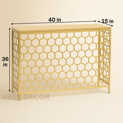 Honeycomb Luxe Entryway Console – Custom Top in Wood or Marble with Hexagonal Metal Frame Mid‑Century Glam Accent