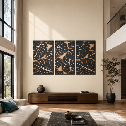 Tropical Leaf Trio Boho Wooden Wall Art Set of 3 – Botanical Panels