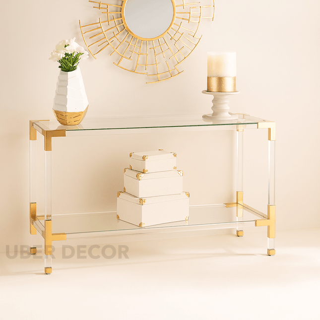 Lumina Luxe Mid-Century Modern Display Table – Clear Tempered Glass Top with Gold & Lucite Accents for Entryway or Living Room