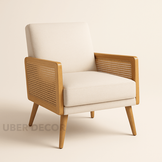 Nivara- Solid Wood Upholstered Accent Chair with Rattan Arms and Wooden Legs