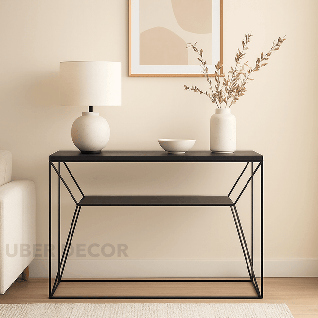 Zenella Modern Mid‑Century Console Table – Customizable Wood Top with Geometric Iron Base for Hallway or Living Room
