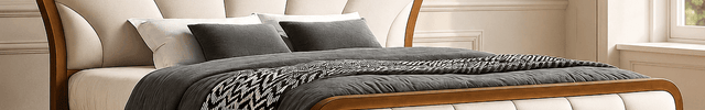 Restful Haven Curved Bed – Sculpted Upholstery with Natural Wood Frame