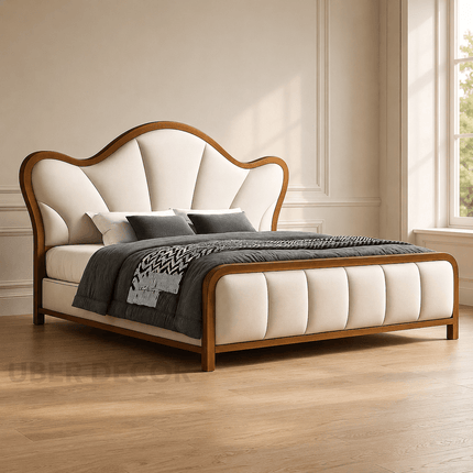 Restful Haven Curved Bed – Sculpted Upholstery with Natural Wood Frame