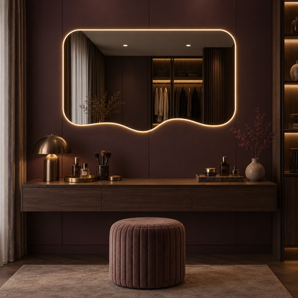 Vale Frameless Wavy LED Wall Mirror with Front or Back Lit for Powder Room and Modern Interiors