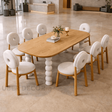 Nora Sphere Oval Dining Table Contemporary Scandinavian Design Natural Premium Wooden Top with White Ball Legs Ideal for Dining Room