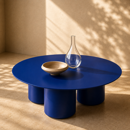 Ord Modern Sculptural Cobalt Round Minimalist Center Table Solid Wood with HDHMR Table Top and PU Finish for Living Room