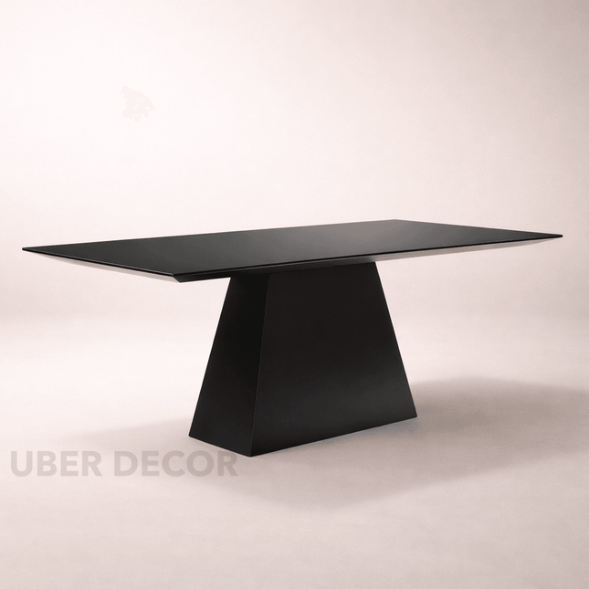 Obsidian Axis Rectangular Dining Table Contemporary Architectural Design Toughened Black Glass Top Wooden Base for Dining Room