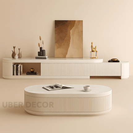 Orlin Crest TV Unit with Coffee Table  – Luxury Fluted Console, Rounded Corner Design, Low Base, Living Room Entertainment Unit