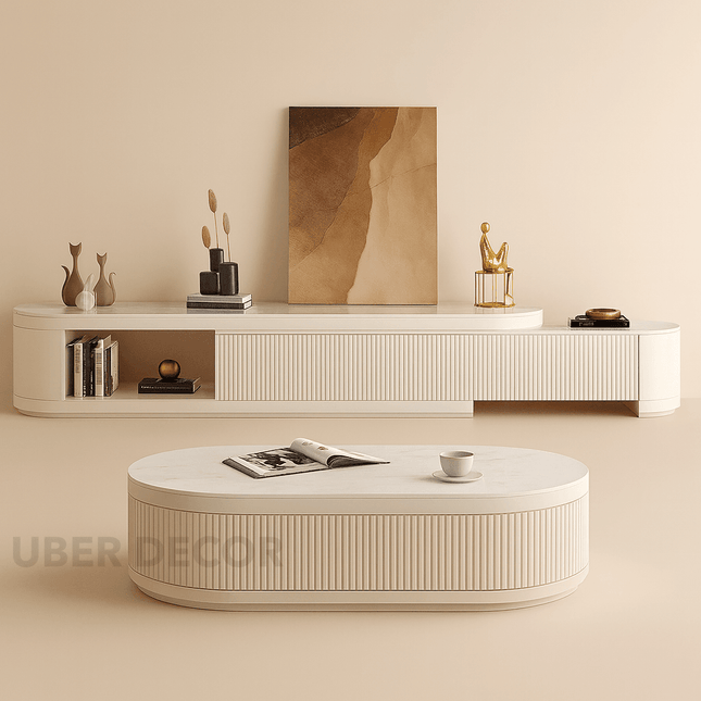 Orlin Crest TV Unit with Coffee Table  – Luxury Fluted Console, Rounded Corner Design, Low Base, Living Room Entertainment Unit