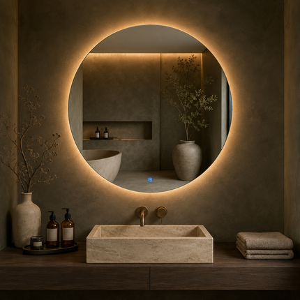 Kaelis Glow Round Mirror Front or Backlit with LED Lights- Touch Sensor Mirror for Bathroom and Bedroom