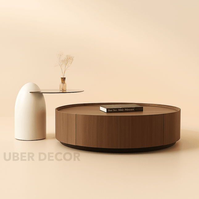 Mekong Natura Round Coffee Table & Penguin 3C Glass Side Table Set – Solid Wood Plywood with Reinforced Glass Top – Elegant Duo for Indoor Living Spaces