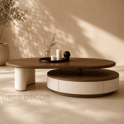 Aldan Dual Layer Mid Century Modern Contemporary Coffee Table with Solid Wood Top Cylindrical Base Matte Finish for Reception Area