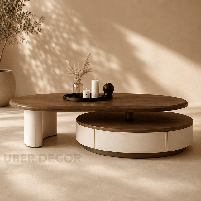 Aldan Dual Layer Mid Century Modern Contemporary Coffee Table with Solid Wood Top Cylindrical Base Matte Finish for Reception Area