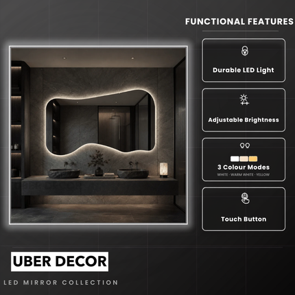 Nami Organic Wave Frameless LED Wall Mirror with Front or Back Lit for Bathroom Vanity and Contemporary Interiors