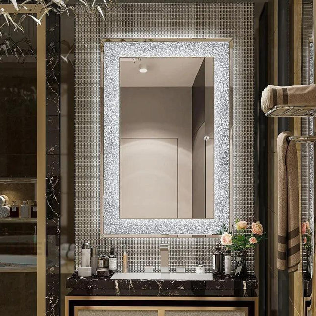 TwinkleBeam Crystal Wall Mirror with LED Light- Crushed Diamond Luxury Mirror for Bedroom