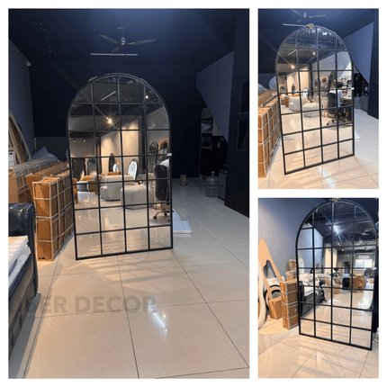GloryArch- Arched Grid Full Length Window Style Metal Framed Mirror for Living Room, Bedroom, Clothing Boutique or Outdoor