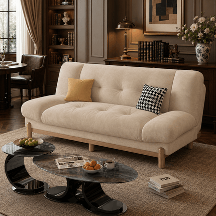 Kandy Japandi sofa cum bed – close-up of button tufting and fold-down backrest mechanism