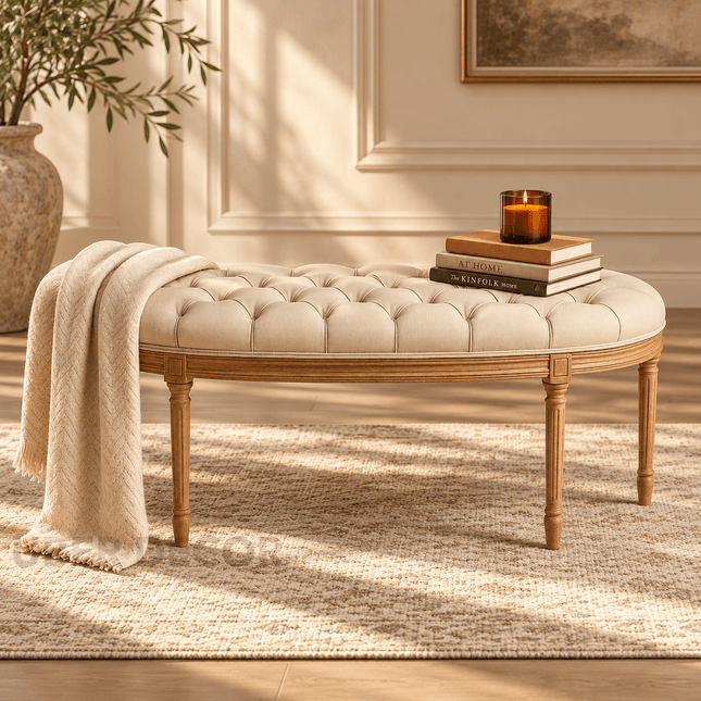 Bellevue Curve – Vintage French Half-Moon Tufted Bench | Elegant End-of-Bed or Entryway Accent for Classic and Contemporary Interiors