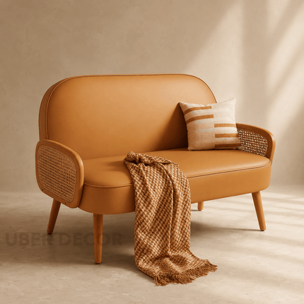 Sorna 41" 2-Seater Modern Upholstered Loveseat Compact Retro-Inspired Sofa with Rattan Arm Panels for Living Room