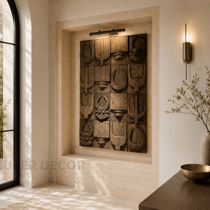 Ancestral Grid Afro Modern Wood Wall Art – Symbol Relief Sculpture