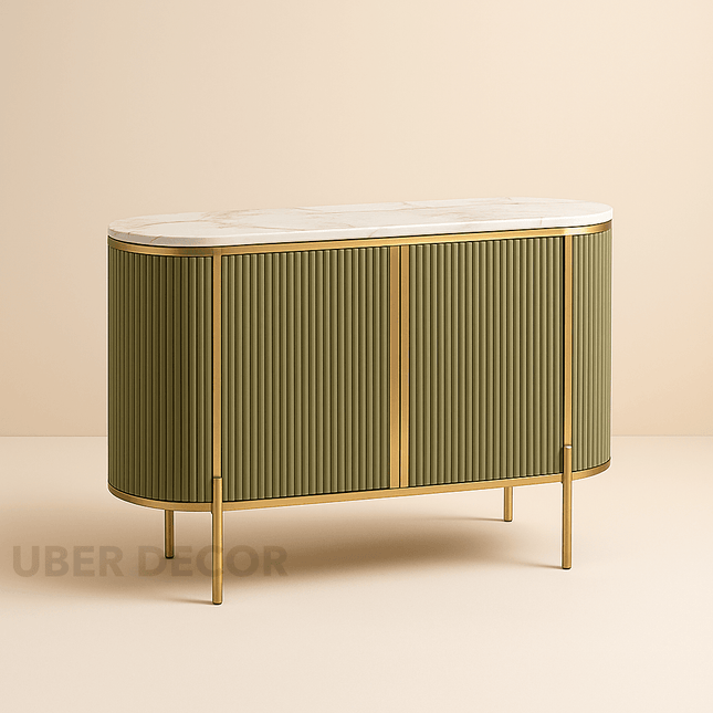 Odessa Entryway Table – Wood Cabinet with Gold Frame & Ribbed Doors Mid‑Century Modern Accent