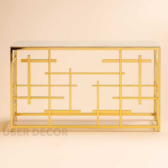Radiant Lines Mid-Century Modern Display Table – Marble Top with Gold Metal Base for Entryway or Living Room